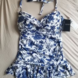 Lauren Ralph Lauren Blue and White Floral skirted One piece swimsuit